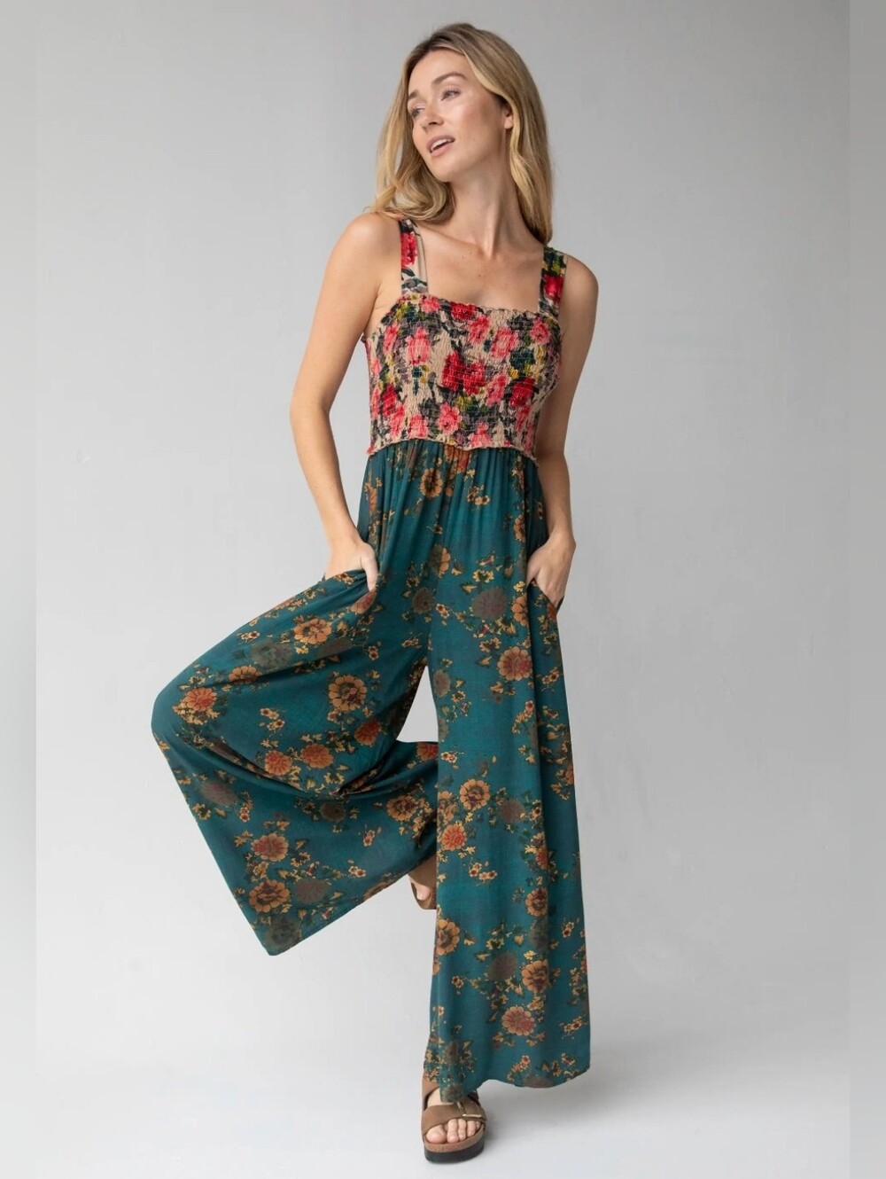 Floral Wide-Leg Jumpsuit in Teal and Red